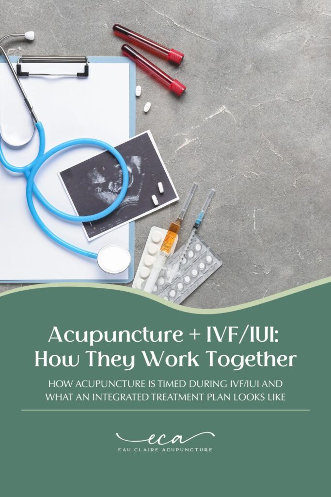 Ultrasound photo next to medical supplies: stethoscope, IVF injections, and hormone pills.